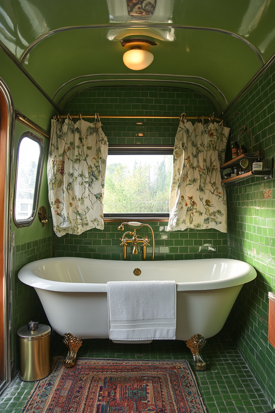 Wide-angle view. 1950s RV bathroom, green vintage tile, porcelain clawfoot bathtub, brass fixtures.