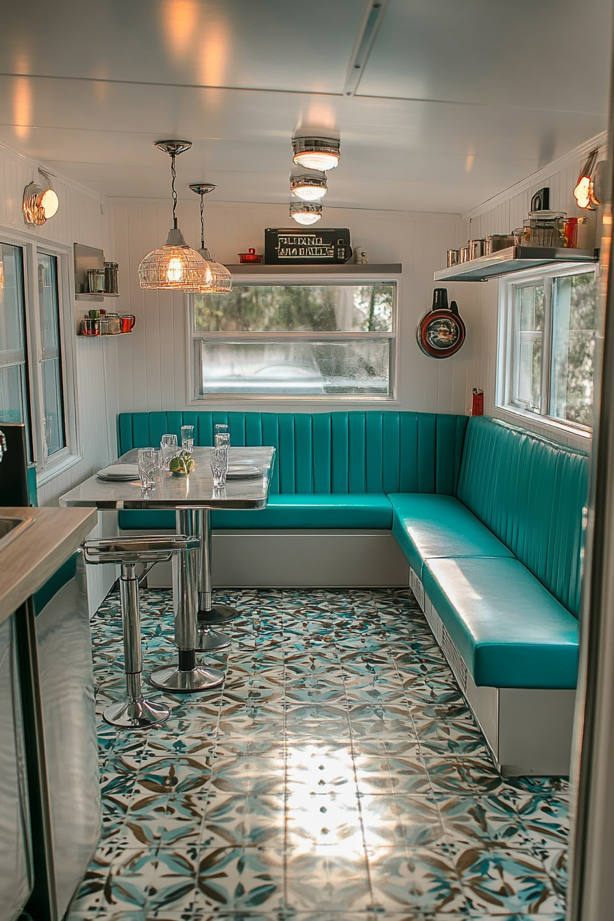 Wide angle Americana tiny house kitchen. Chrome fixtures, patterned tile floor, turquoise booth seating.