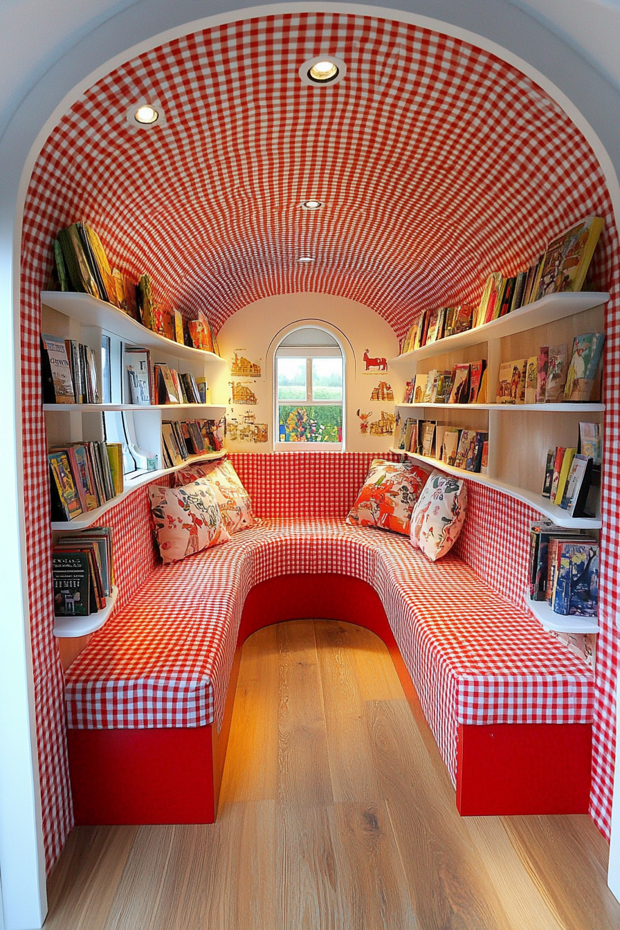 Wide angle view. Storybook-inspired mobile library with red gingham patterns and hidden nooks.