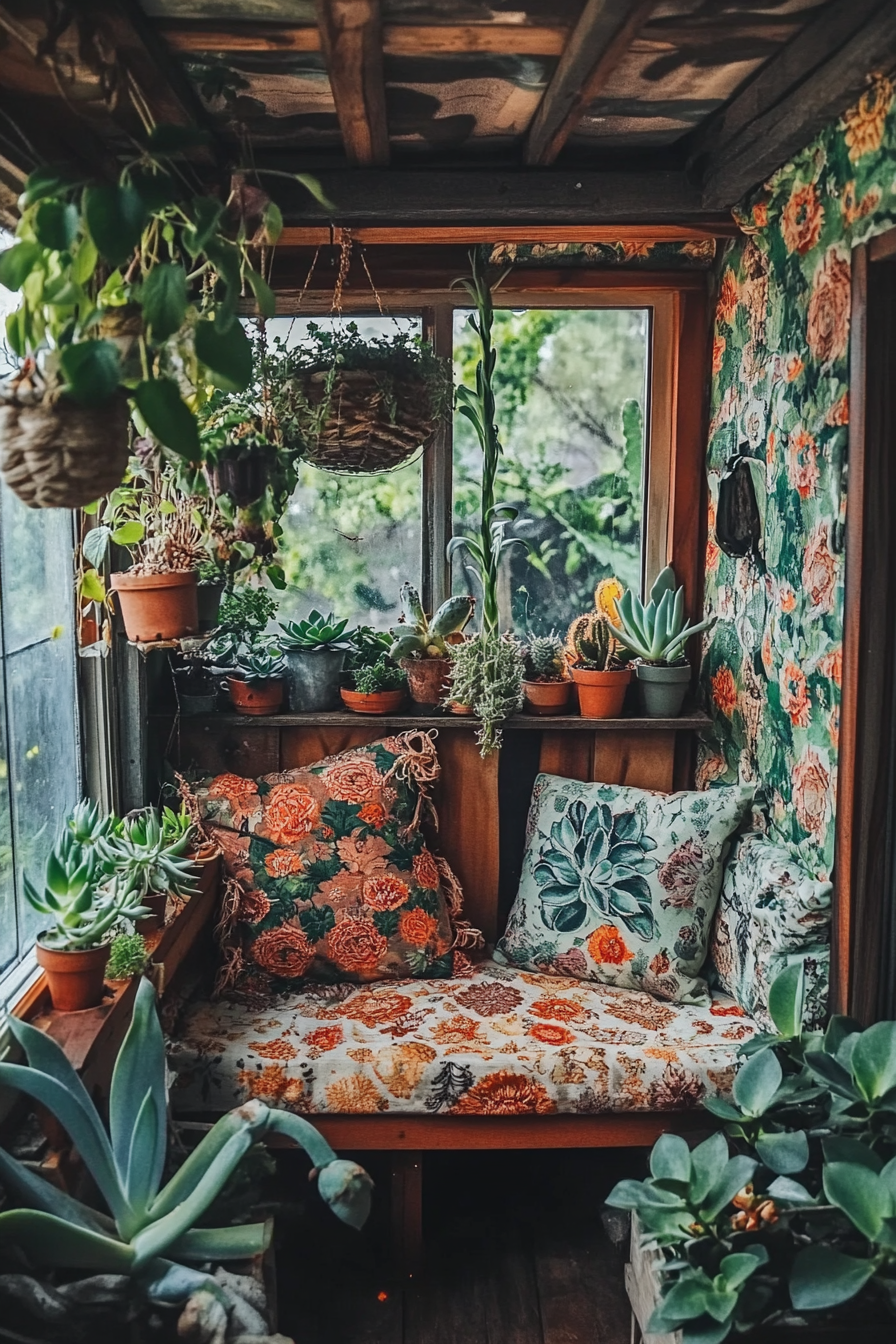 Plant-filled tiny house. Succulents lining greenhouse window, botanical wallpaper peeping through.