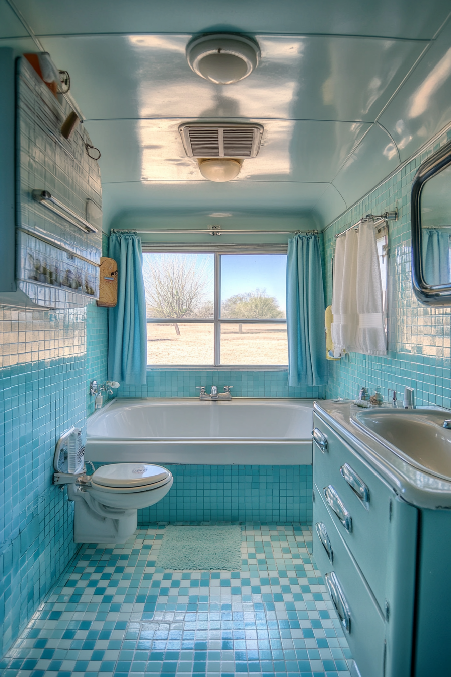 Wide angle view.1950s RV bathroom. Pastel blue vintage tile patterns. Classic white fixtures.