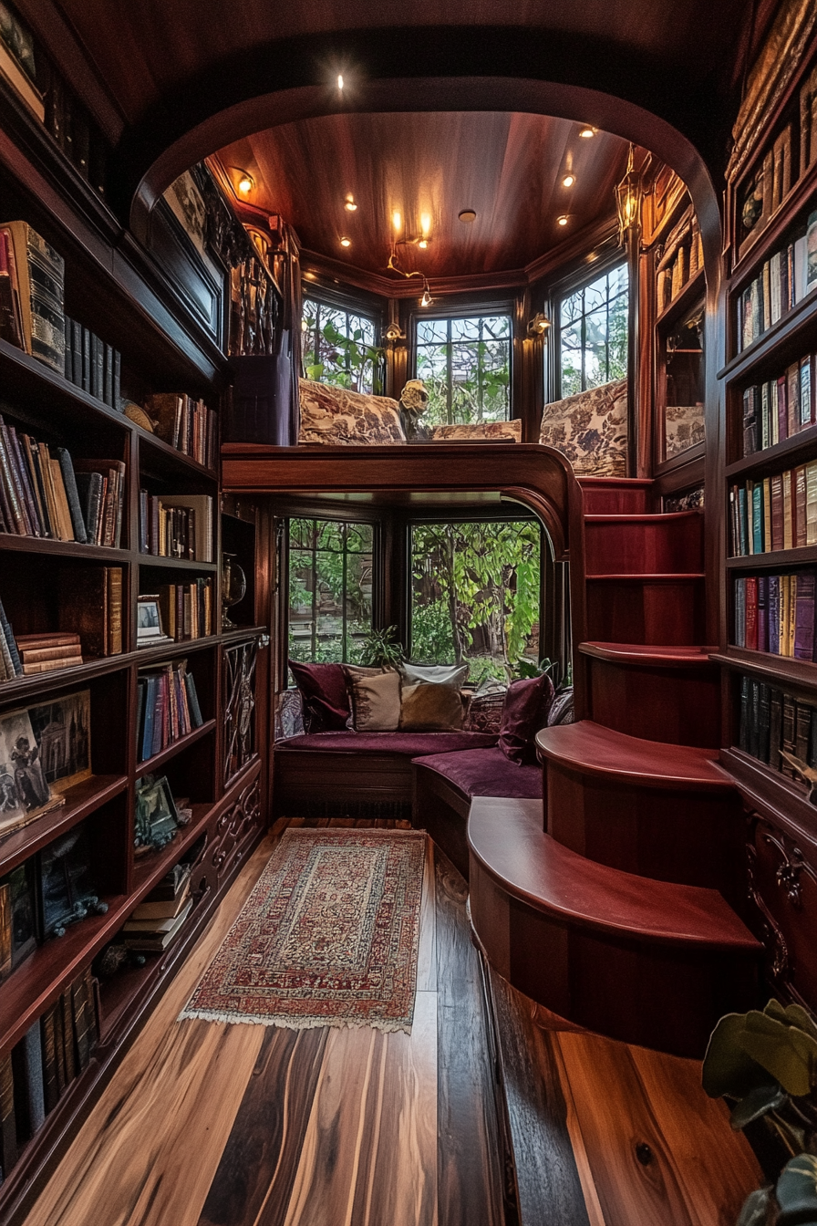 Wide angle view. Dark academia tiny house library with mahogany shelves and Victorian-era books.