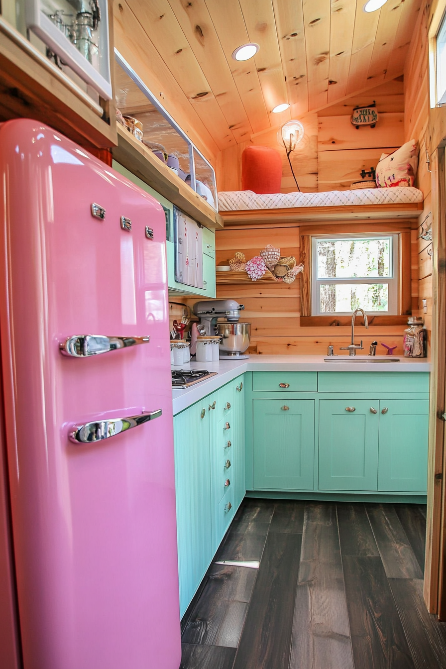 Wide-angle view, tiny house kitchen. Pastel-colored 50s refrigerator with pear-colored sleek cabinets.