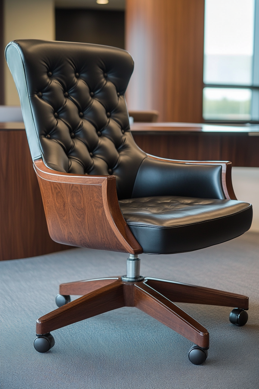 Wide angle view. Black leather chair with walnut trim in an upscale mobile workspace.