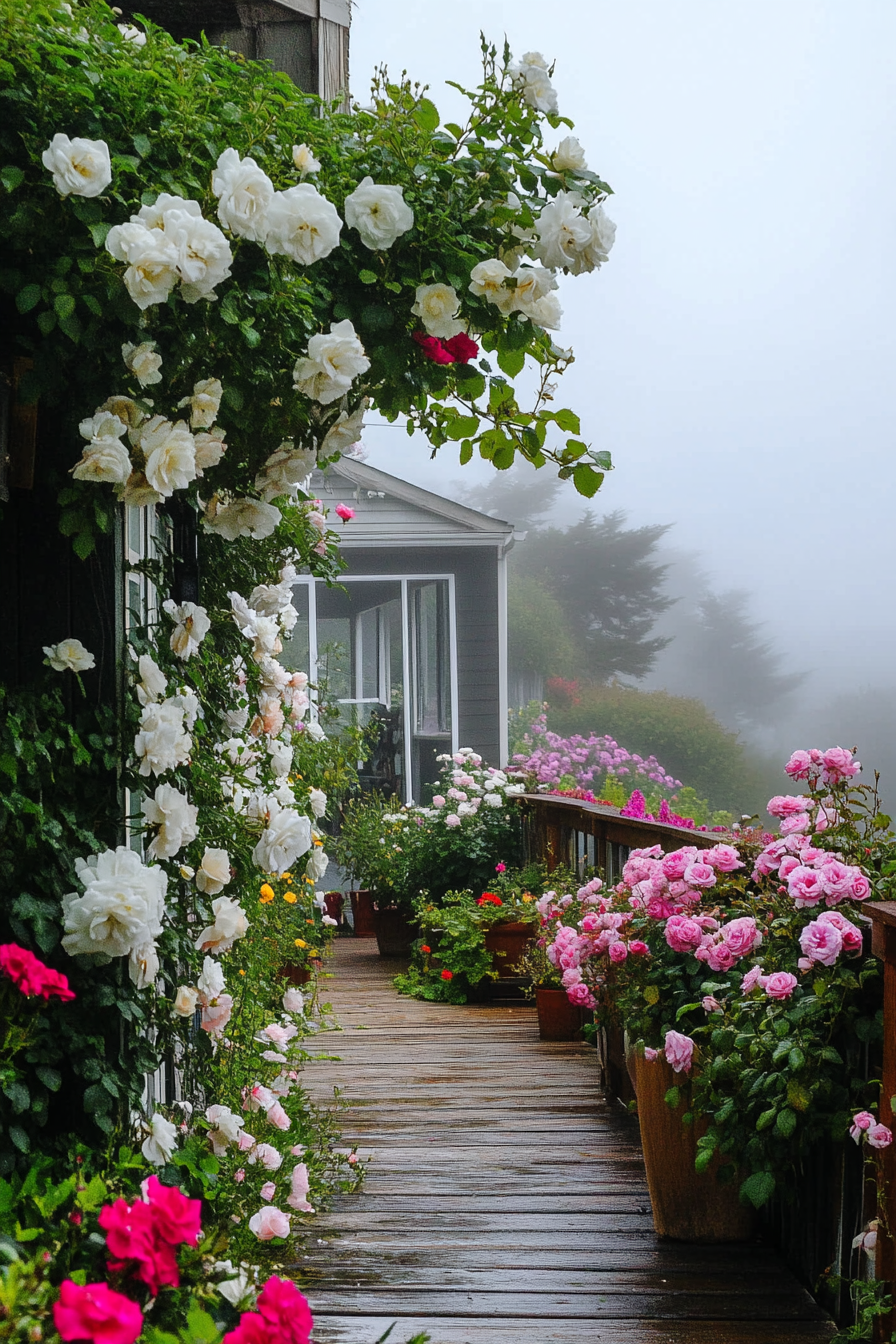 Wide angle view. Deck with white climbing roses and pink petunias, fog touching a distant cottage.