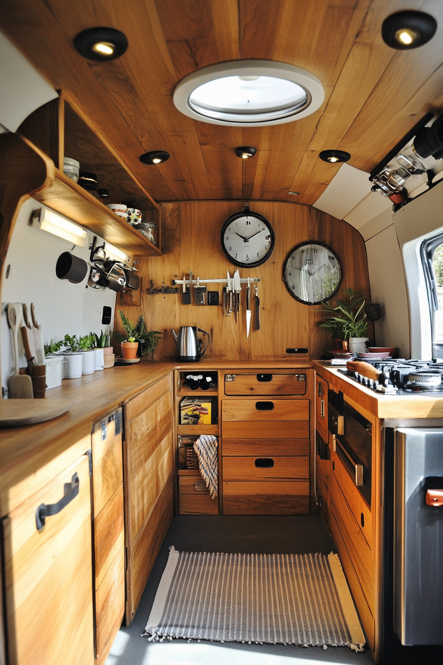 Wide-angle view. Teak camper kitchen. Steel retro-inspired hardware.