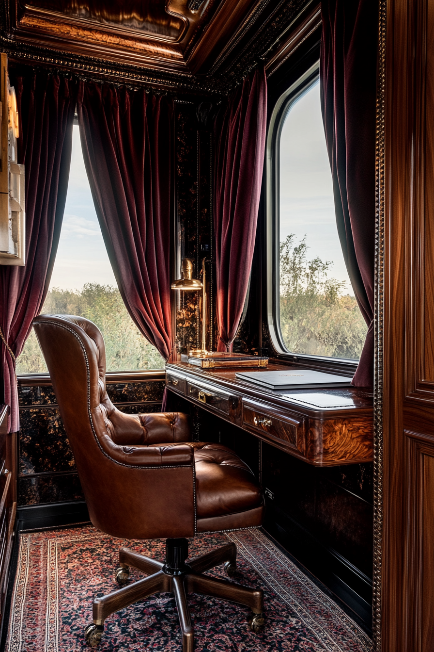 Upscale mobile workspace. Leather chair, walnut desk, velvet drapes, view from wide angle.