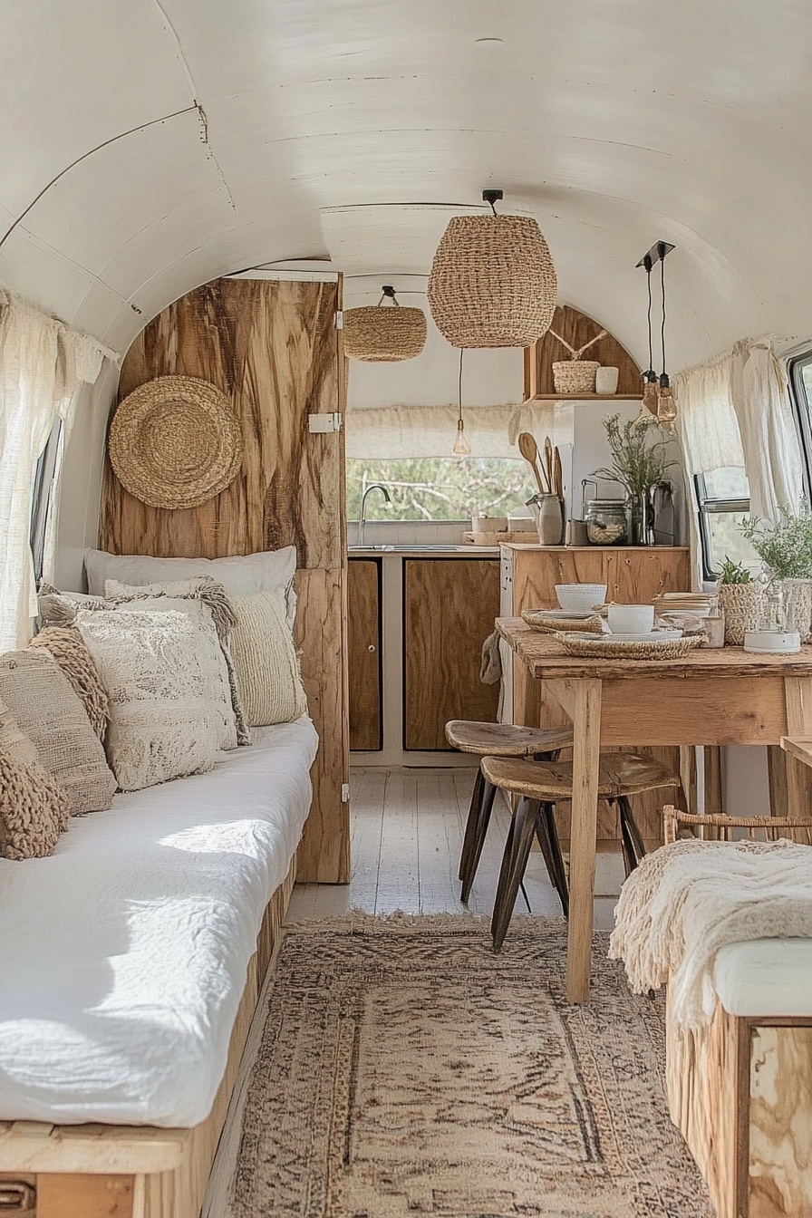 Wide angle view. Natural mobile home interior featuring light woods and organic textiles.