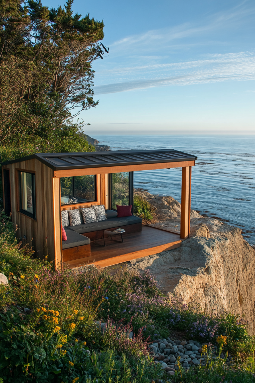 Wide angle view. Tiny home on clifftop, built-in seating, panoramic ocean view.