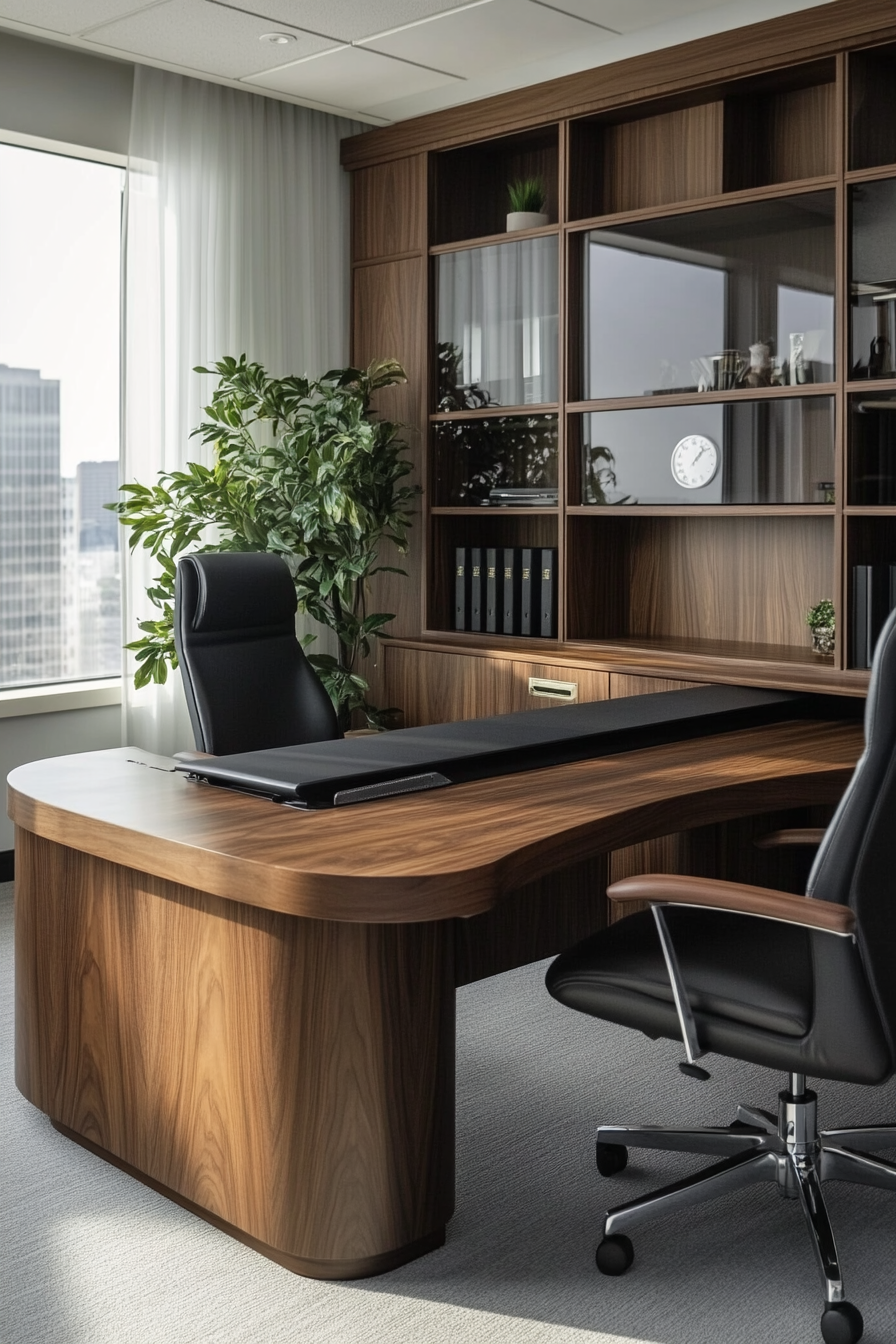 Wide angle view. Mobile workspace featuring a walnut desk and black leather executive chair.