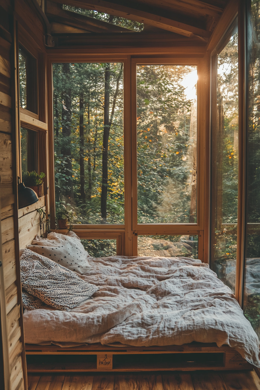 Natural tiny house bedroom. Cotton bedding on pallet bed by a floor-to-ceiling glazed wall.