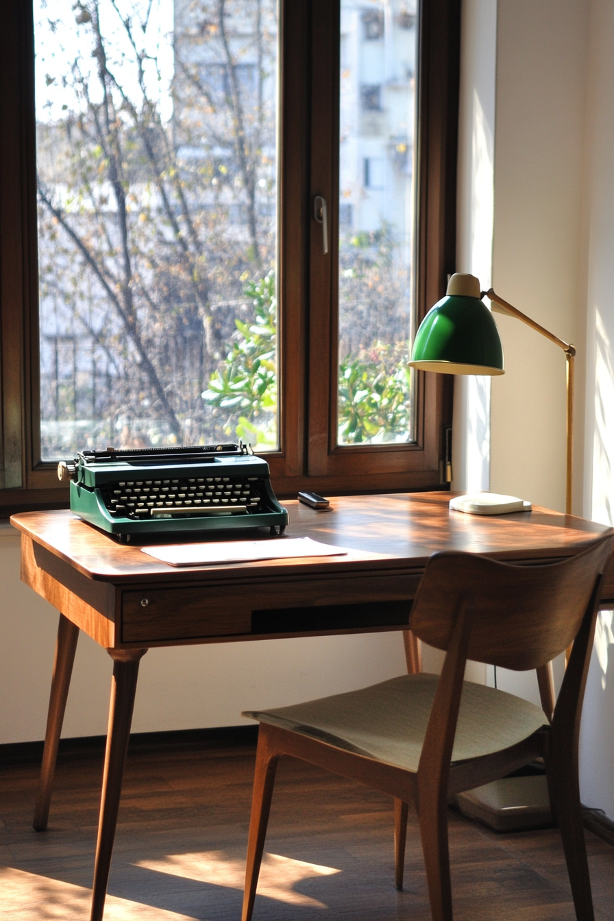 Professional mobile workspace. Walnut desk, ergonomic chair, vintage typewriter, green banker's lamp.