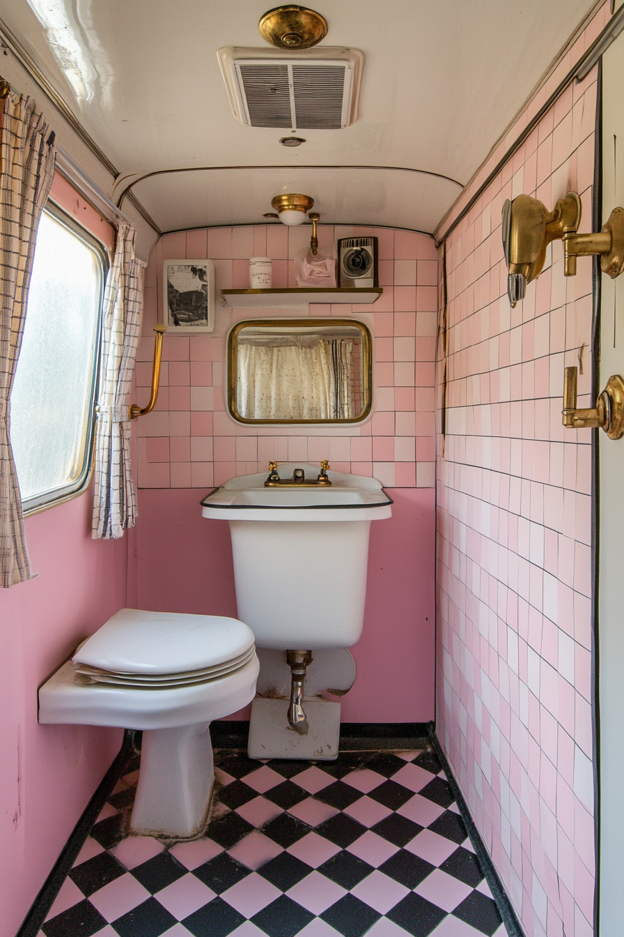 Wide angle view. 1950s RV Bathroom. Pink and black checkered tile. Brass fixtures.