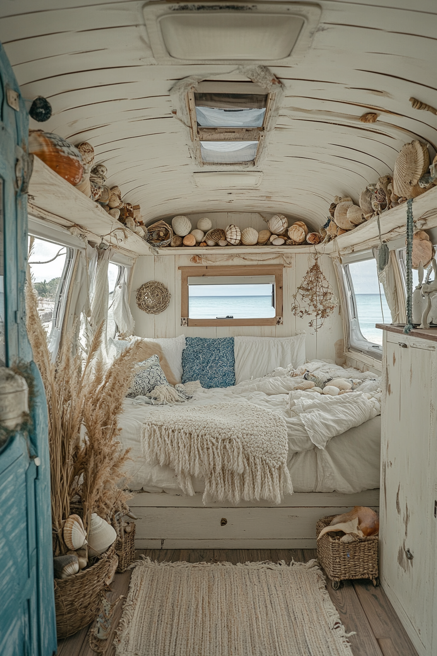 Wide angle view of coastal RV. Whitewashed natural fibers with shell collections, ocean-colored interior.