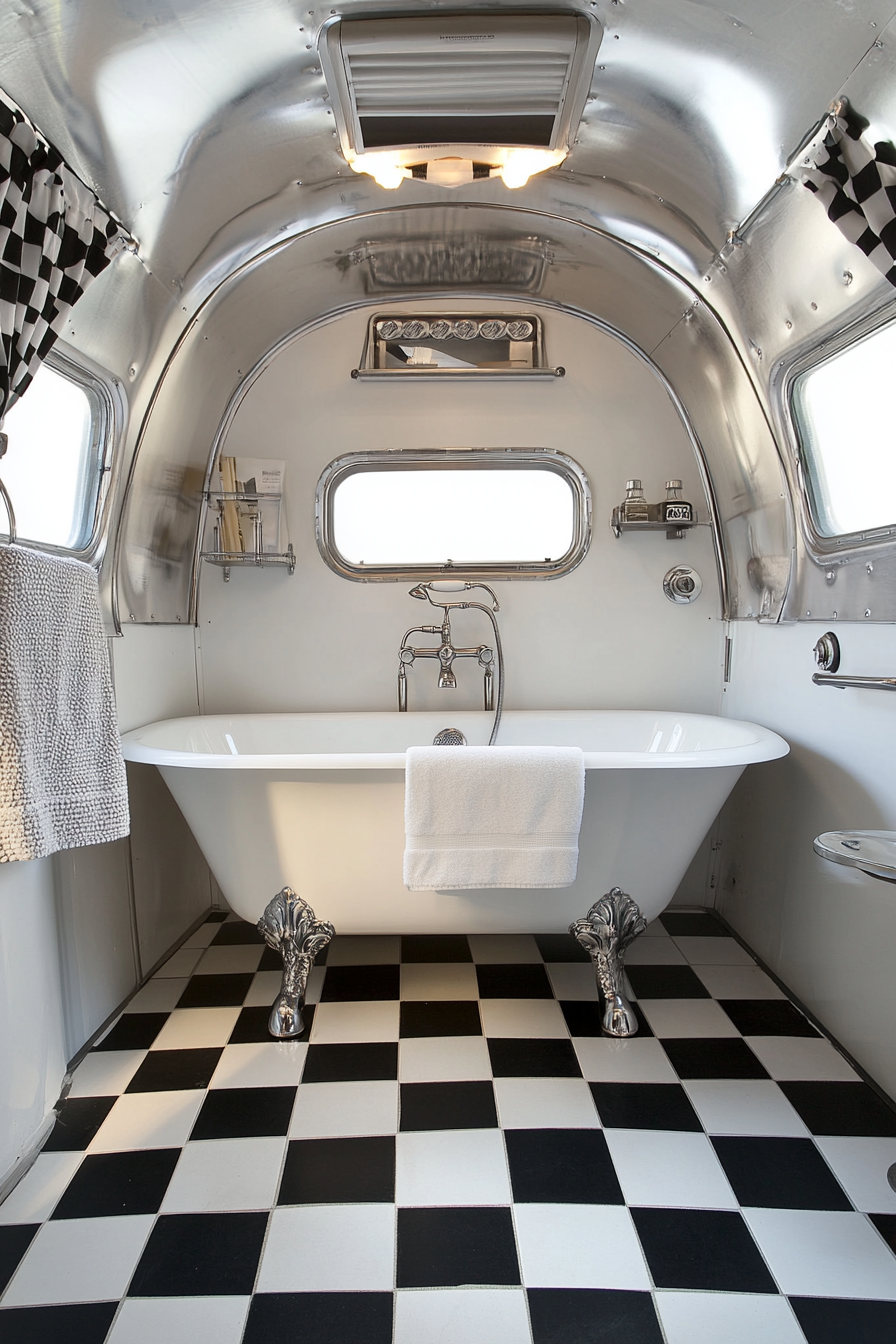 Wide-angle view. 1950s RV bathroom with black-and-white checkerboard floor tiles, a claw-foot bathtub.