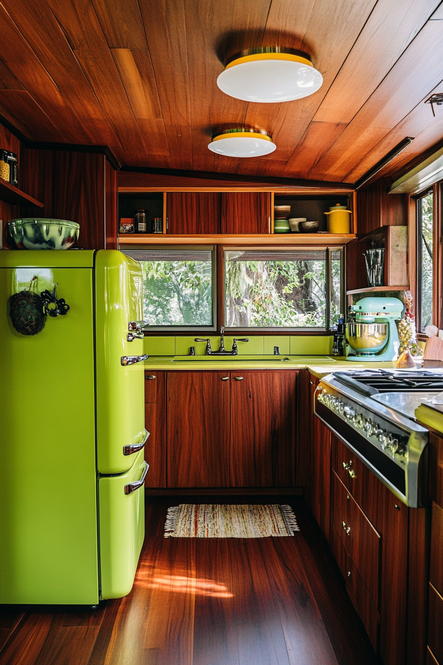 Wide angle view. Rich mahogany cabinets and pistachio-green, mid-century vintage appliances in tiny house kitchen.