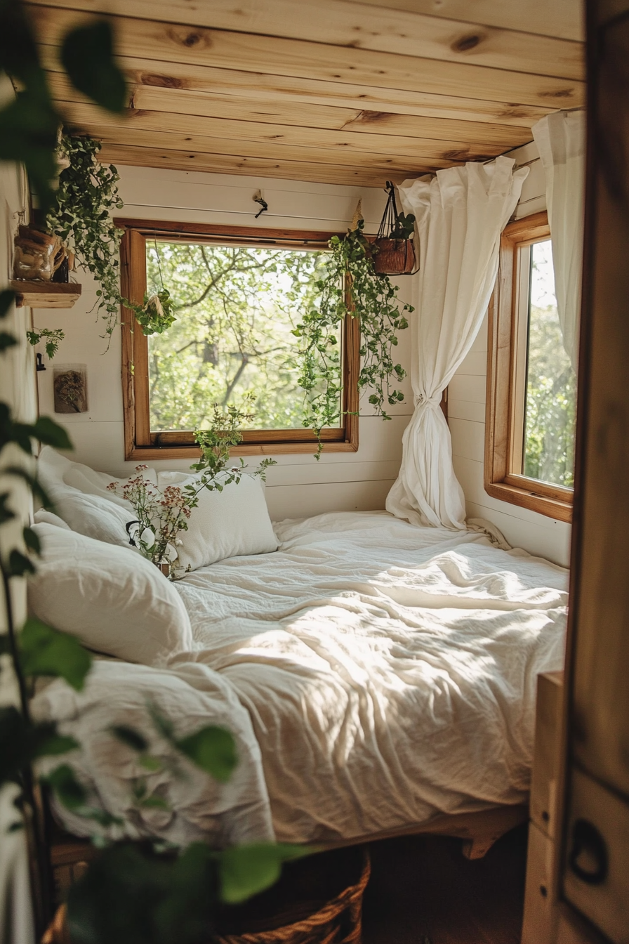 Natural tiny house bedroom. Wide angle view with oak furniture and white organic bedding.