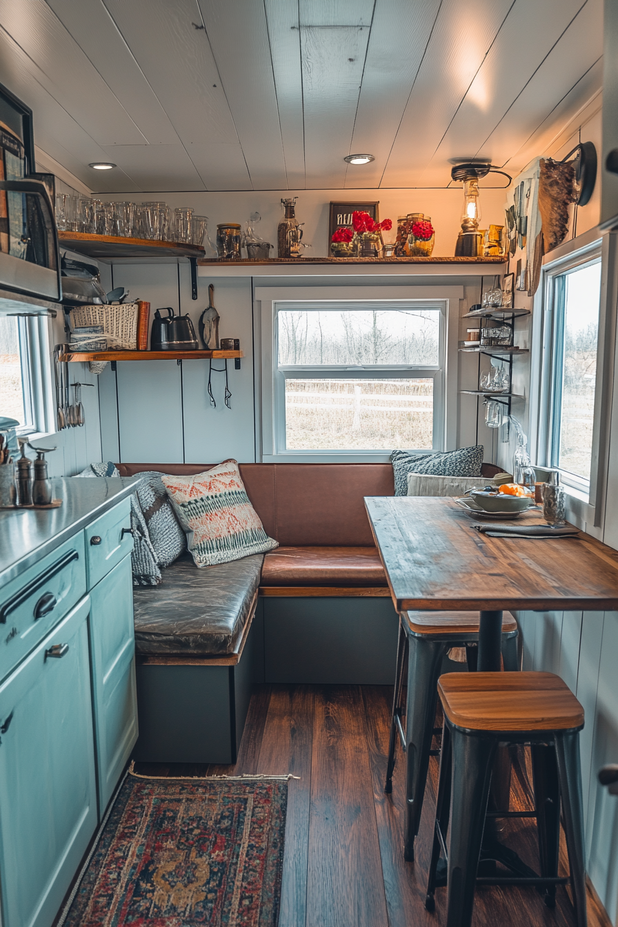 Wide angle view of Americana tiny house kitchen. Chrome detailing, booth seating.