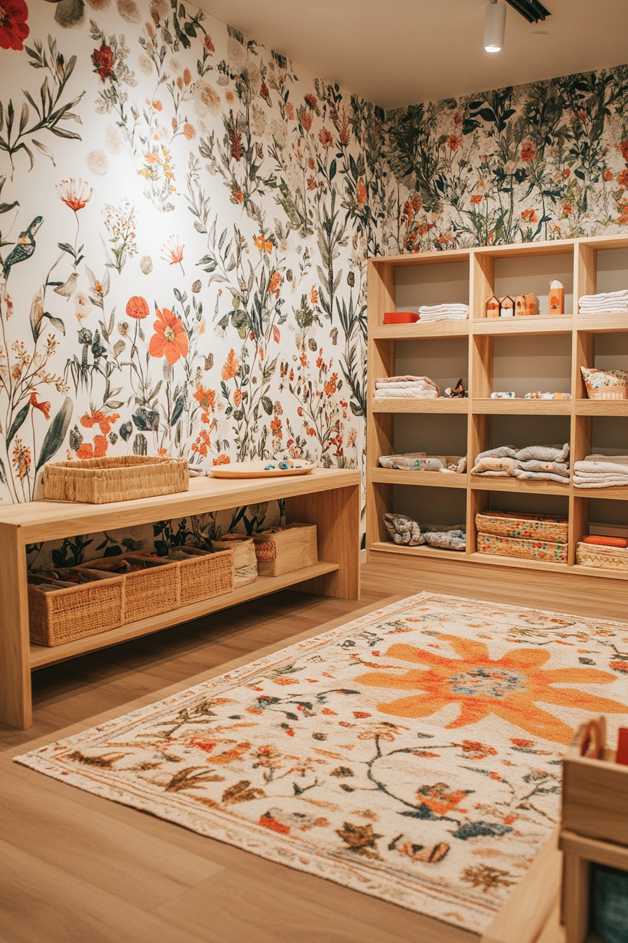 Nature-inspired baby room. Wide angle view featuring low wooden shelves and floral wallpaper exploration zones.