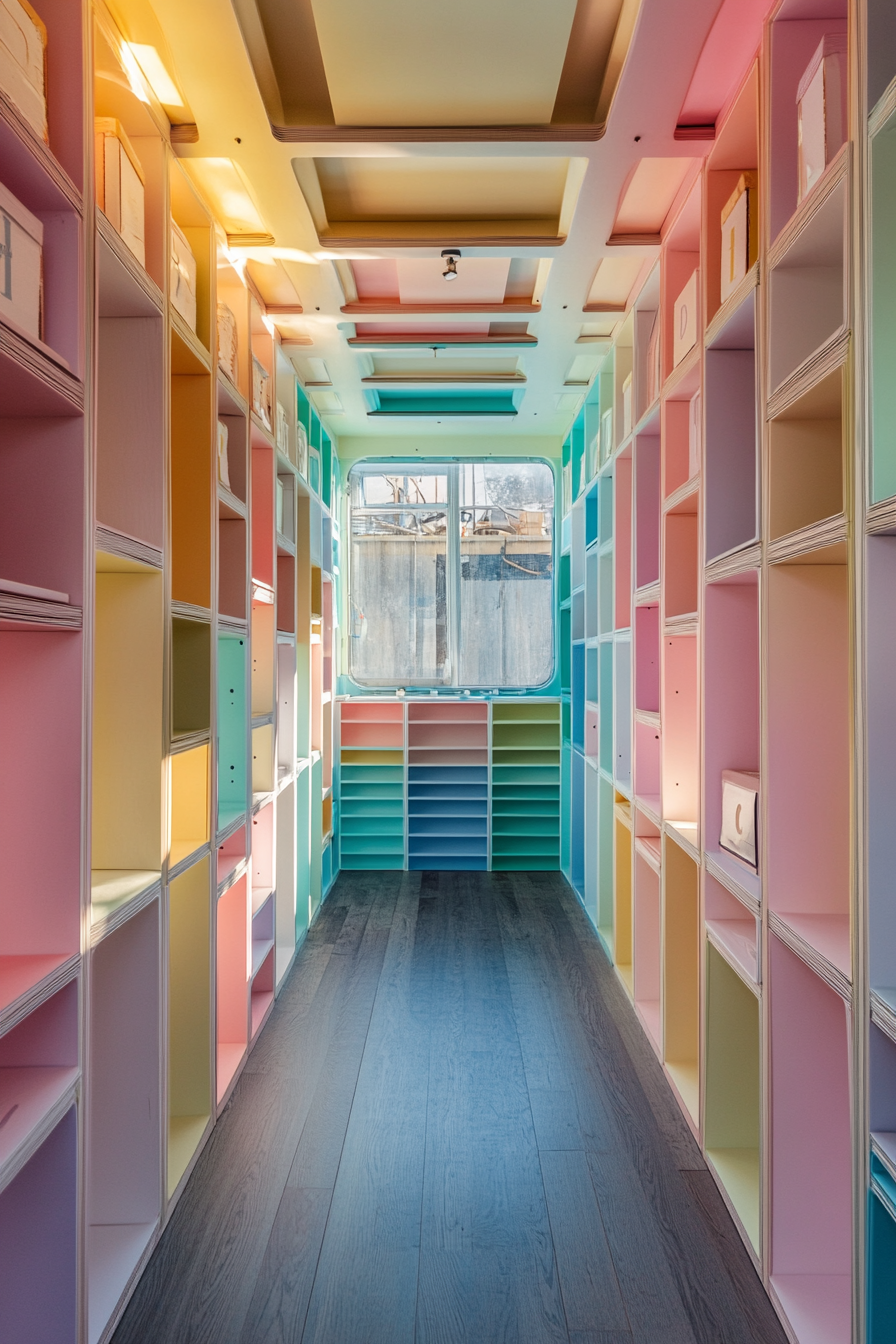 Wide-angle view of mobile studio with pastel-colored alphabetized shelves.