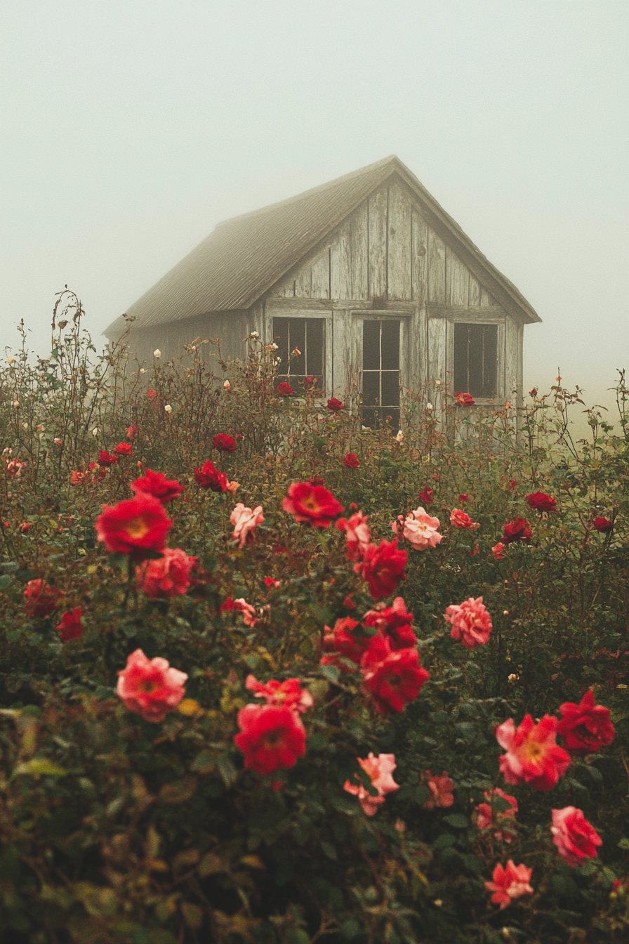 Wide angle view. Foggy English countryside, tiny deck house overrun with vibrant climbing roses.