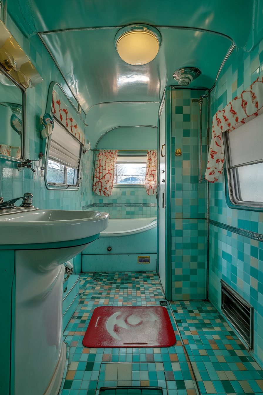 Wide angle view. 1950s RV bathroom. Unique vintage tile patterns. Classic fixtures.