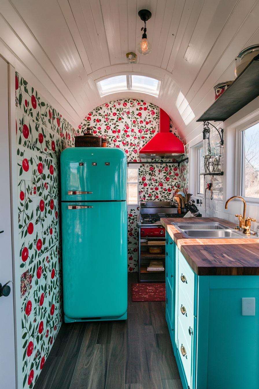 Wide angle view. Tiny house kitchen. Vintage turquoise fridge with cherry-patterned backsplash.