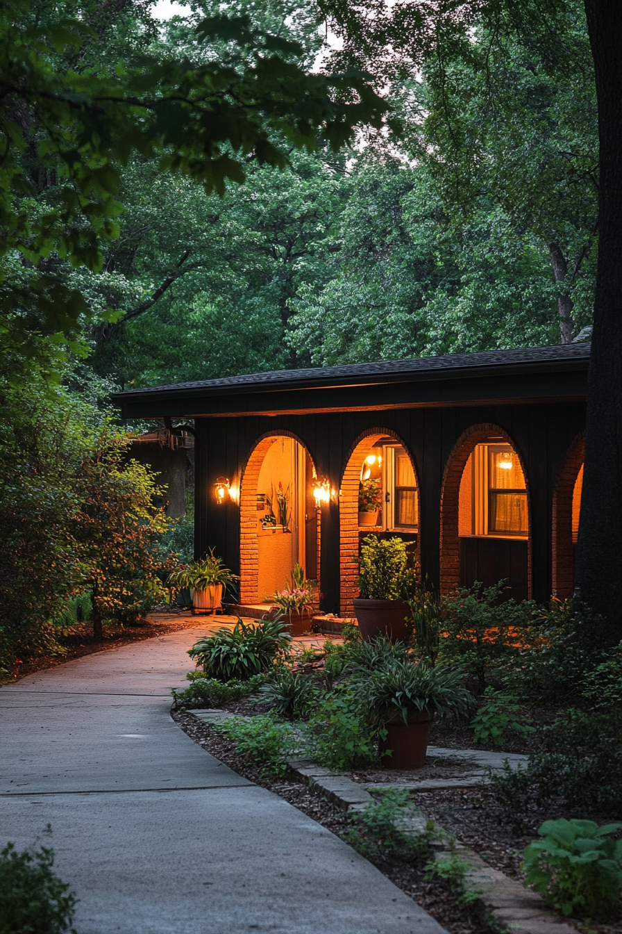 Wide angle view. Dark mobile home, arched details, terra cotta accents.