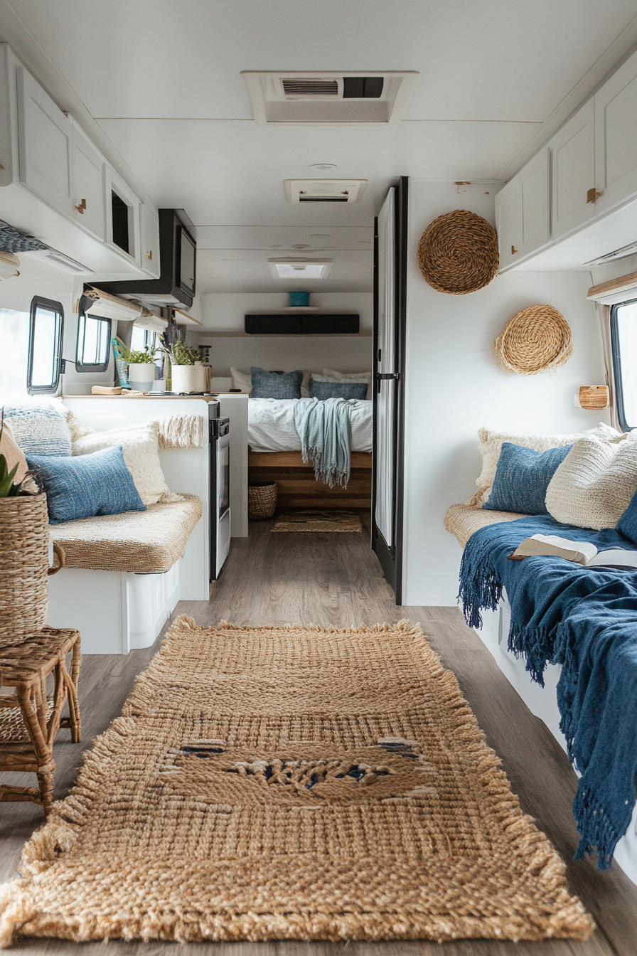 Wide angle view of coastal-inspired RV. Woven hemp rugs and sea blue throws.