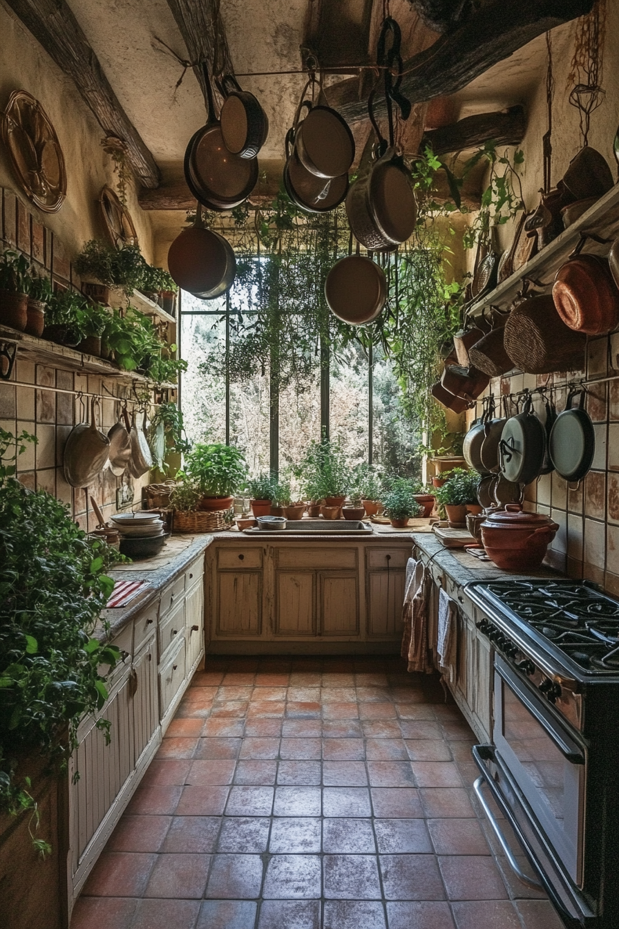 Wide angle view. Provincial cooking space, drying herbs, and pottery collections.