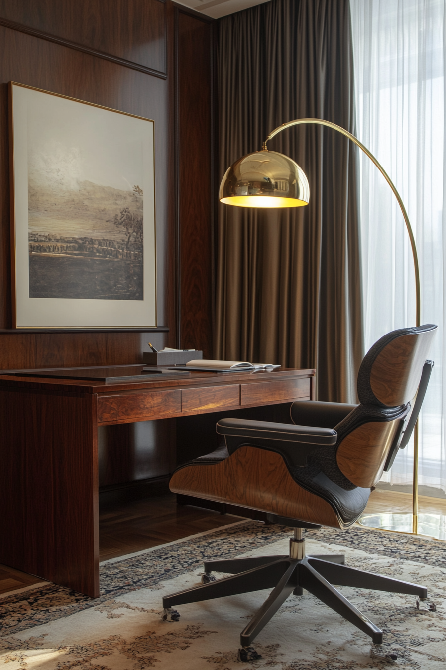 Professional mobile workspace. Brass Arc lamp illuminating mahogany executive desk with Eames-inspired chair.