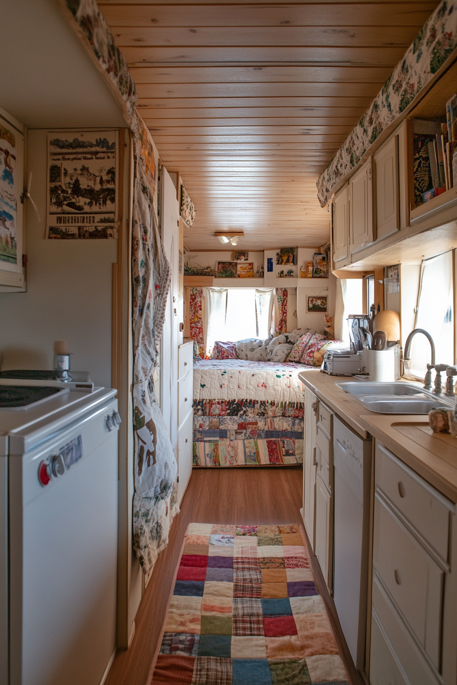 Wide-angle view. Natural mobile home with soft ivory cabinets and patchwork quilt.