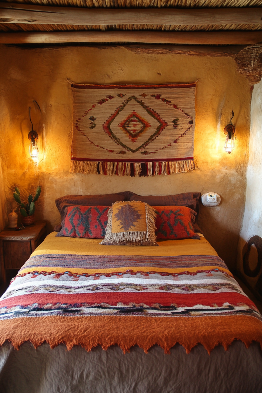 Southwestern tiny house bedroom. Sunlit earth-toned bedsheets, wipes tobaccowool wall hanging above headboard.