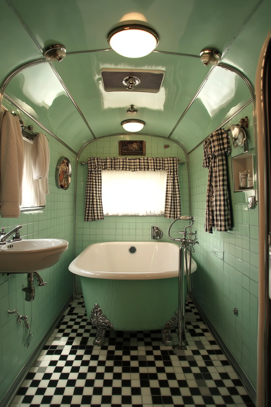 Wide angle view. 1950s RV bathroom. Mint-green tiles, clawfoot tub, chrome taps.