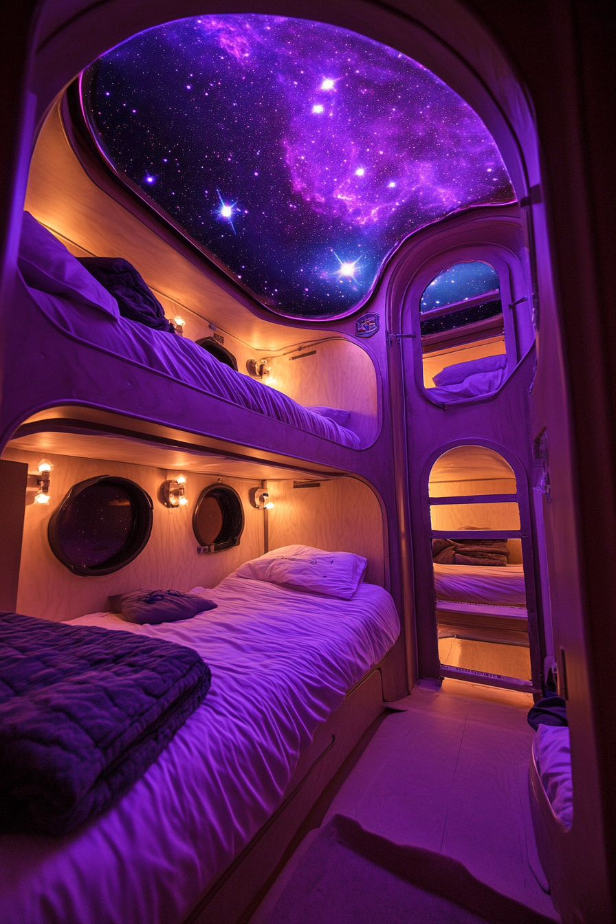 Wide angle view. Space-themed sleeping quarters with purple nebula color star projections.