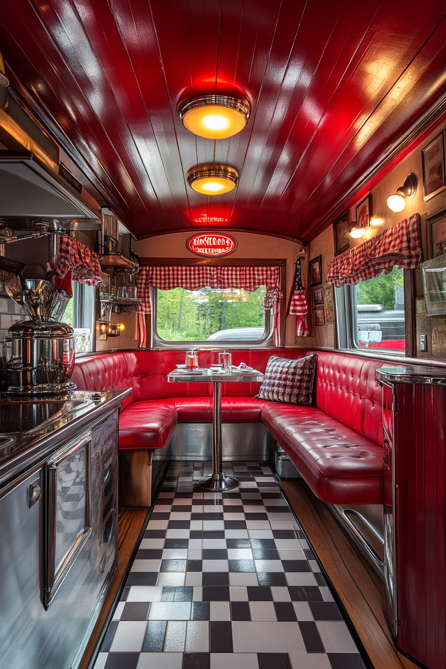 Wide angle view. Classic Americana tiny house kitchen with chrome details and booth seating.