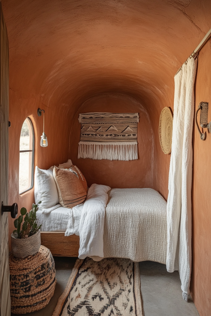 Wide angle view. Southwestern tiny house bedroom. Terra cotta walls. Woven wall art.