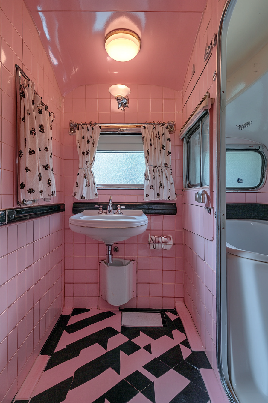 Wide angle view. 1950s RV bathroom, pink and black vintage tile pattern, chrome fixtures.