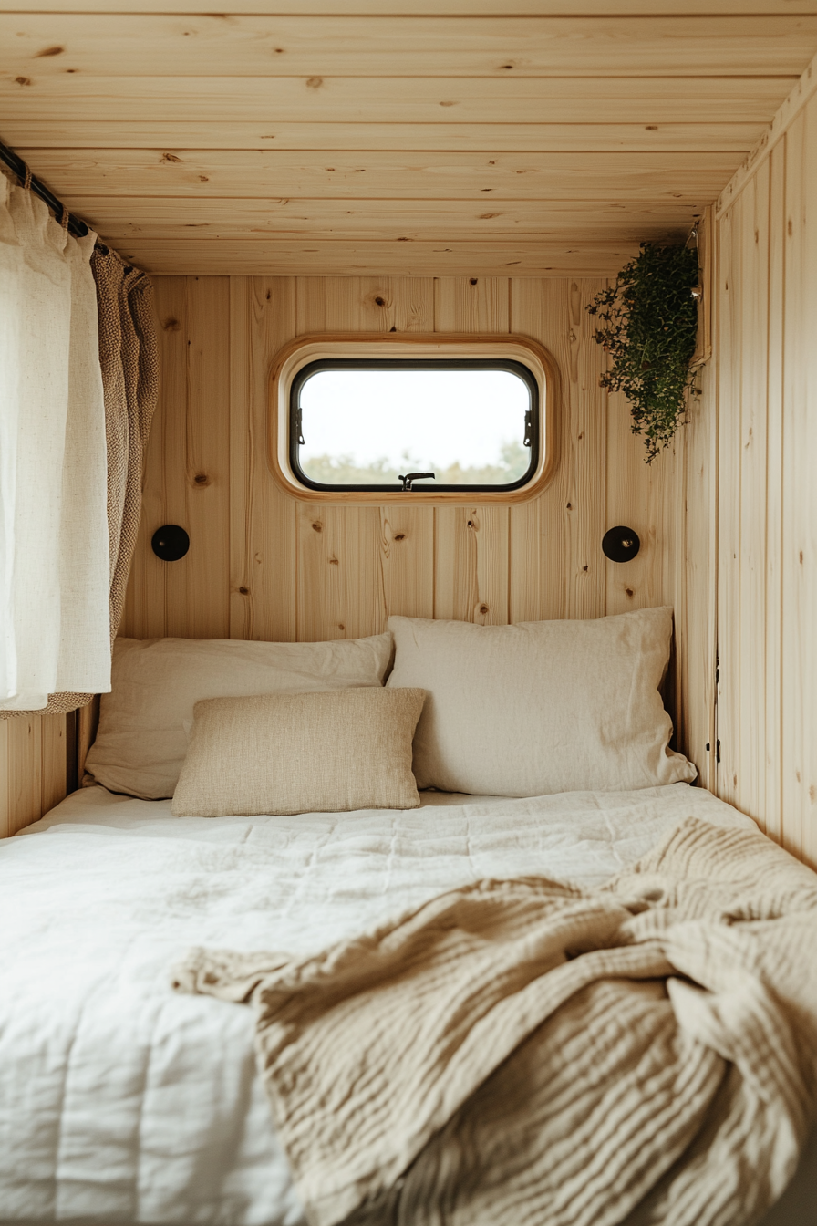 Natural mobile home view. Pine wood panels and organic cotton upholstery in wide-angle.