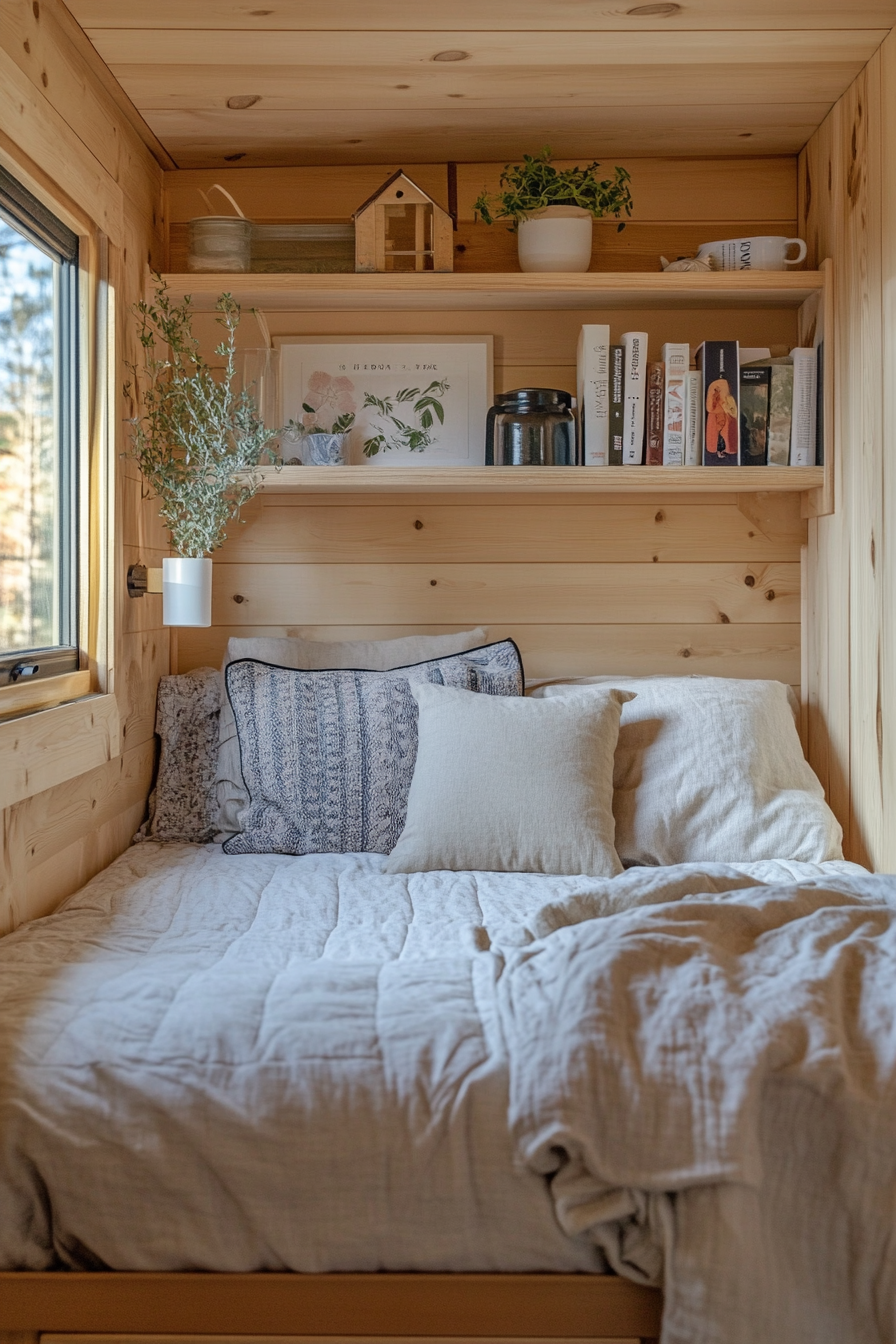 Natural tiny house bedroom. Wide angle with light oakwood paneling and organic cotton bedding.