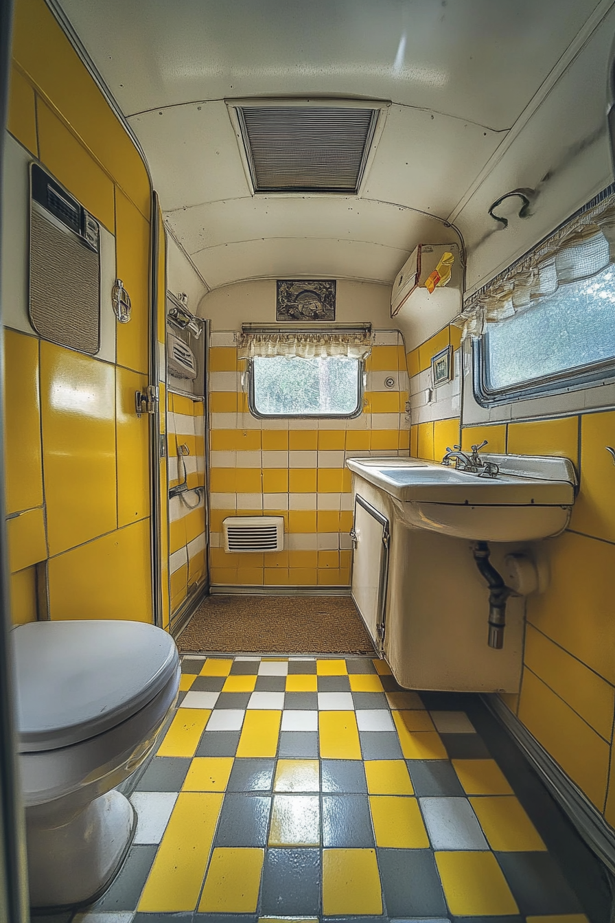 Wide angle view. 1950s RV bathroom. Vintage yellow and white checkered tile.