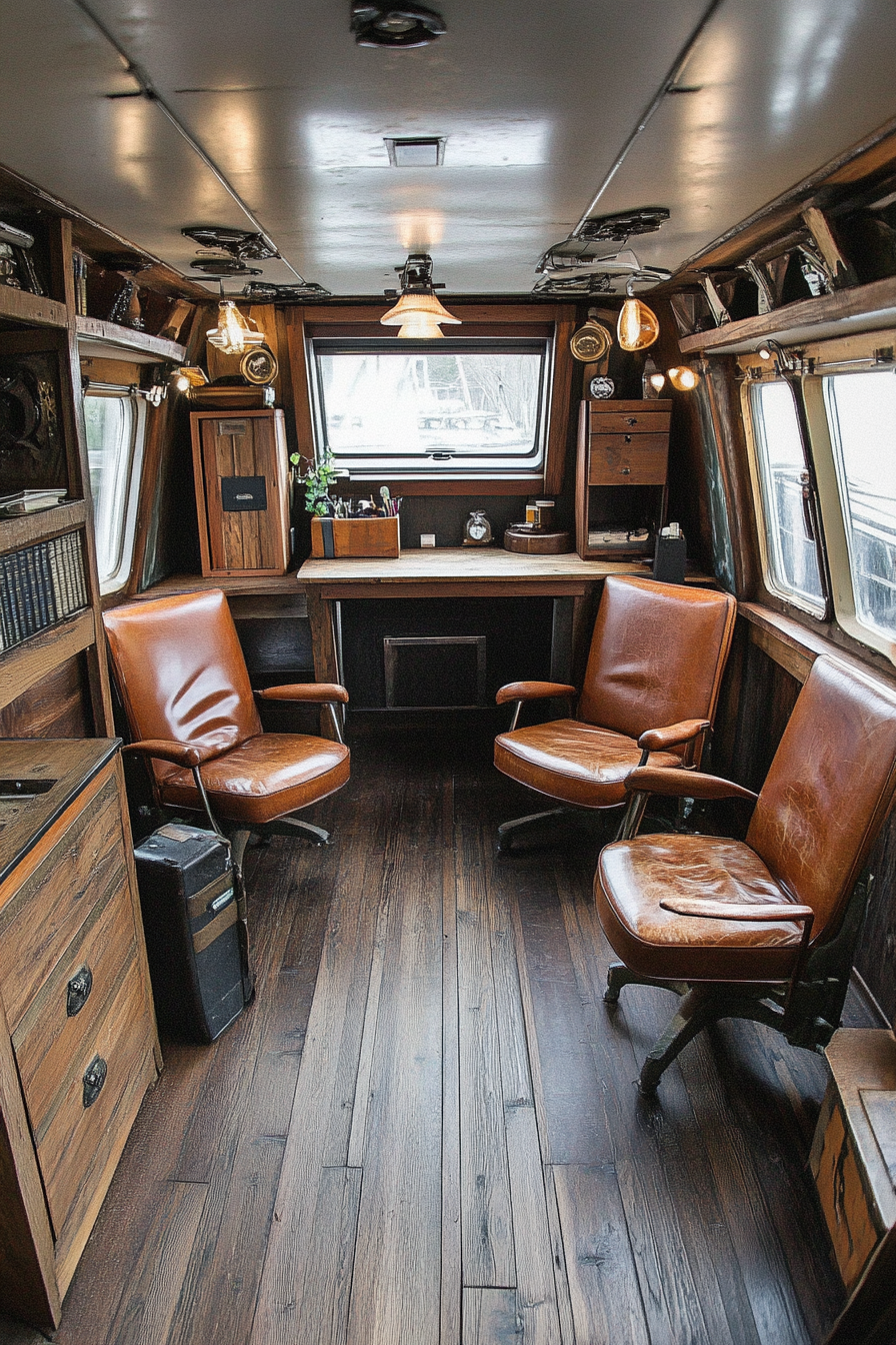 Wide angle view. Mobile workspace with leather chairs and walnut desk.