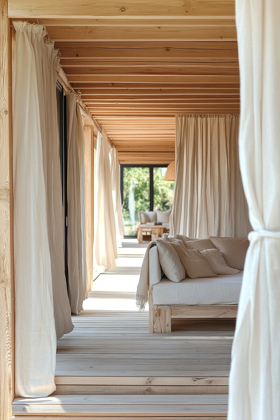 Natural mobile home. Light wooden siding, wide angle view, drapes in soft organic fabrics.