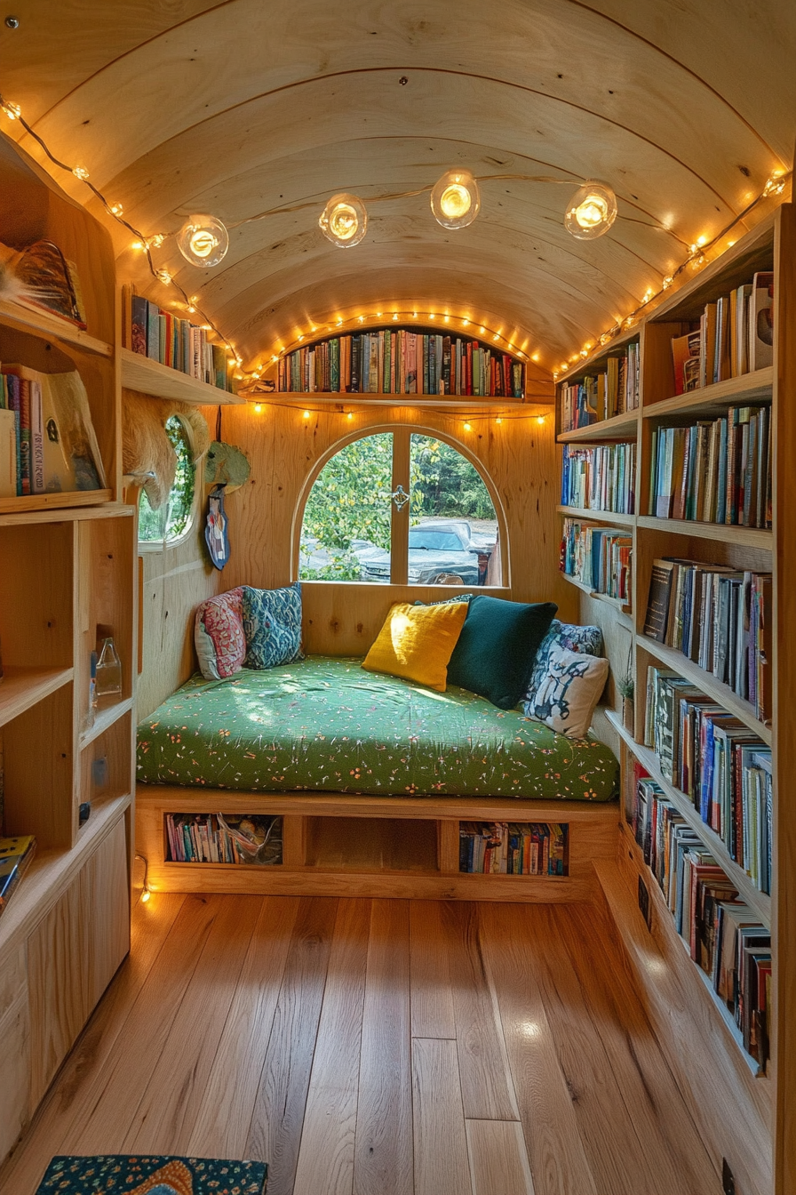 Wide angle view. Storybook-inspired mobile library with dangling fairy lights and hidden reading nooks.