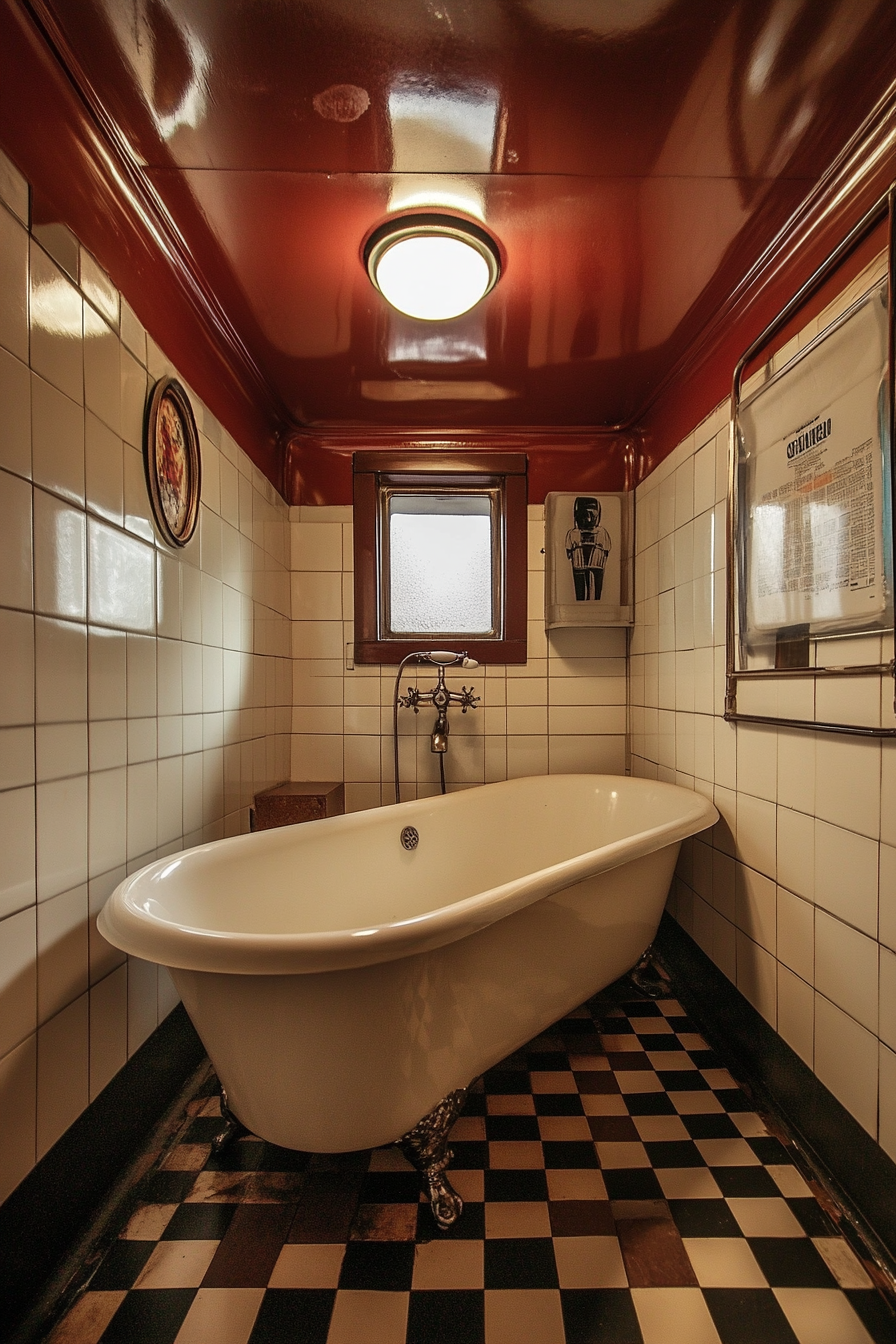 Wide angle view, 1950s RV bathroom. Checkered vintage tile, classic clawfoot tub.