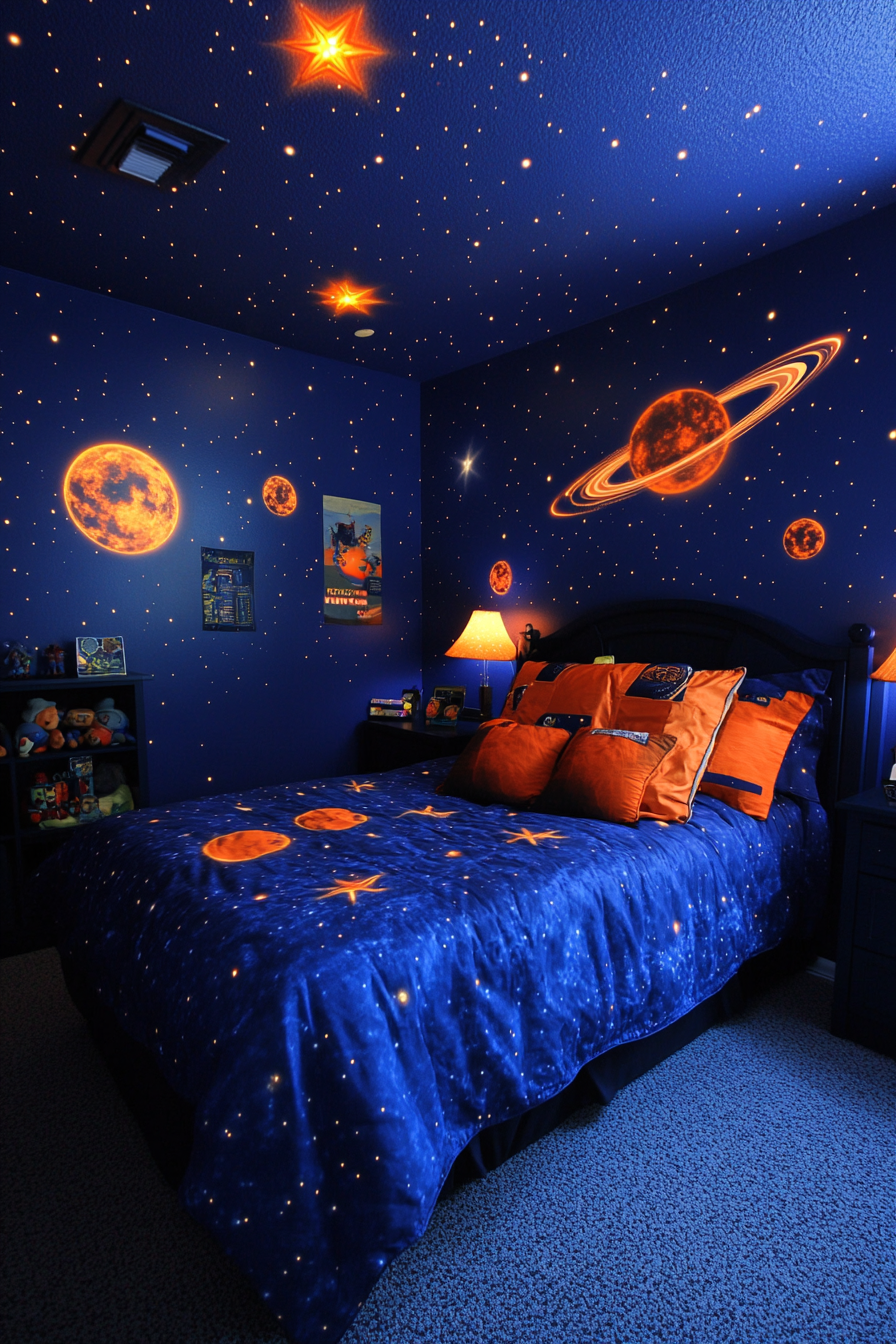 Wide angle view of space-themed bedroom. Navy blue nebula with simulated orange star projections.