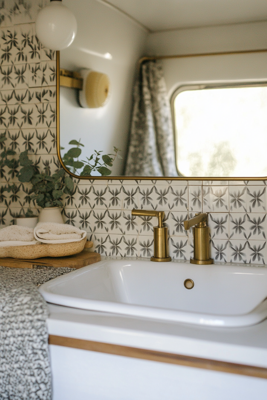 Wide-angle view. Mid-century camper bathroom. Bold geometric tile, brass fixtures.