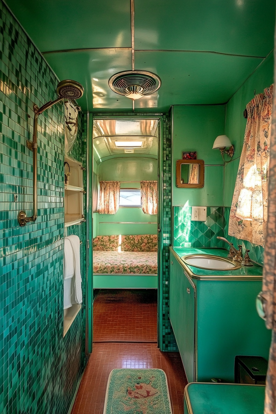 Wide-angle view. 1950s RV bathroom. Emerald vintage tile. Classic bronze fixtures.