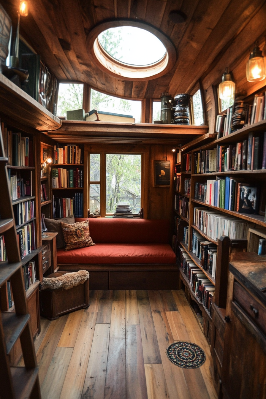 Wide angle view. Dark academia tiny house library