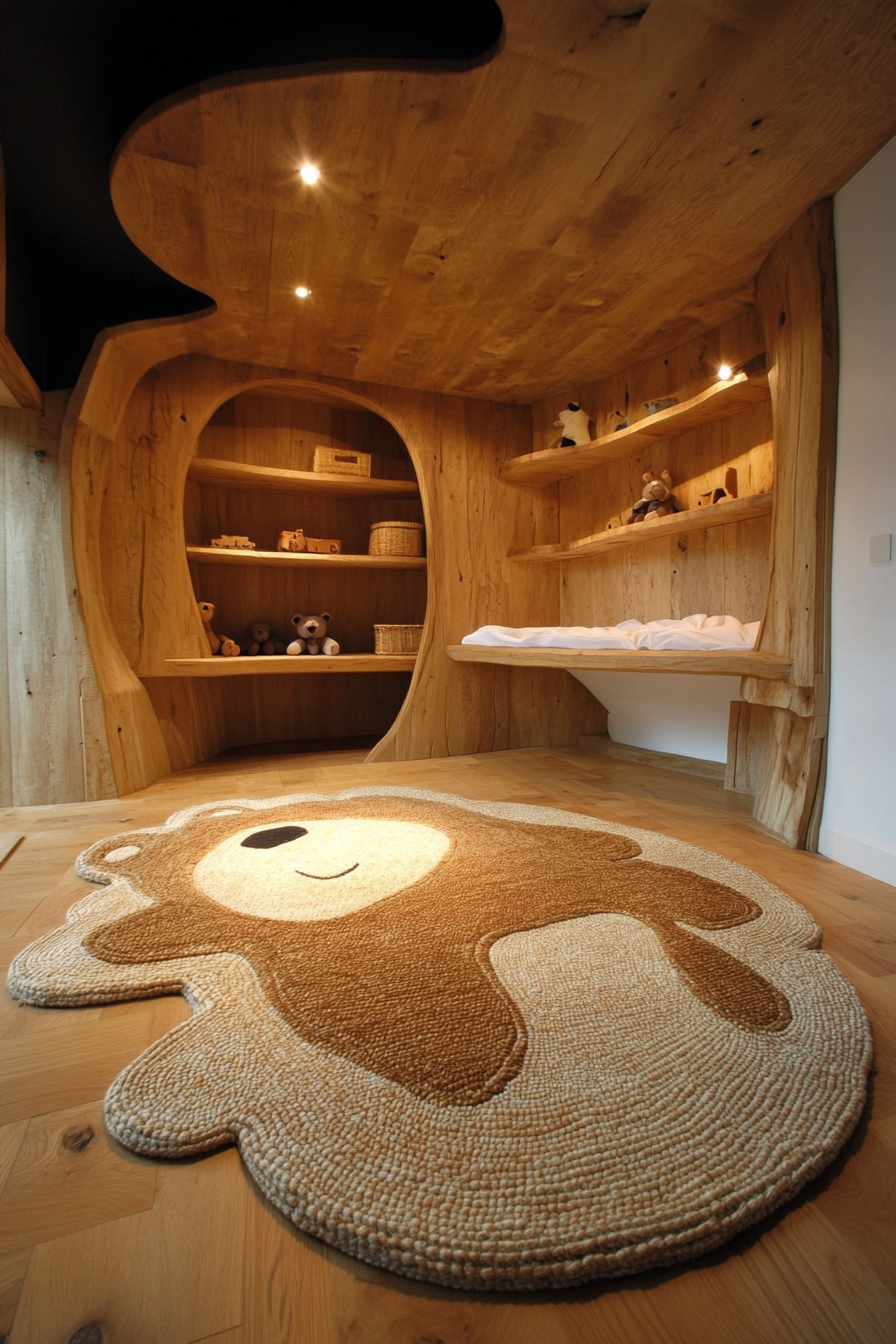 Nature-inspired baby room. Woven bear-shaped rug by the circular, wooden, low-level shelving area.